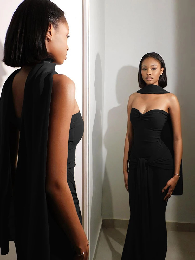 Weird Puss Elegant Strapless Dress Women Solid ScarfBackless Cross Knot Tassel Trend Prom Party CLassic Outfits 250320