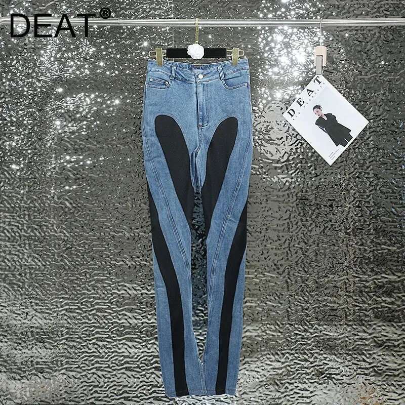 DEAT 2024 Autumn New Fashion Women's Patchwork Contrast Color Jeans Stretch High Waist Split Long Denim Pants Female 1Df2575