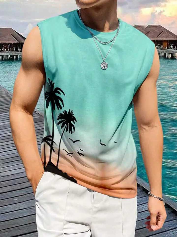 Summer Daily Casual Mens Tank Top Hawaiian Style Fish Print Mens Tank Top Seaside Party Mens Fashion Sleeveless T-shirt X250324