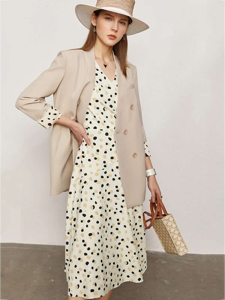 Amii Minimalism Summer New For Women Fashion Dot Printed Vneck Slim Fit Midi Ae Chiffon White Dress Vestidos 12140471