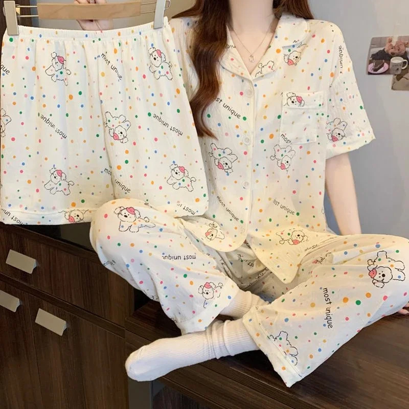 Colorful cartoon printed womens 3-piece pajamas Kawaii Sweet Cloud Cotton Homewear Spring/Summer pajamas 250321