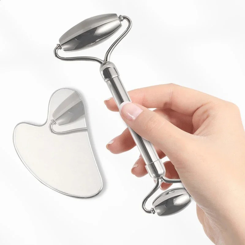 Anti Cellulite Massager Stainless Steel Facial Roller Gua Sha Tool Set Face Care Massage Crystal Jade Rose Quartz Health 250321
