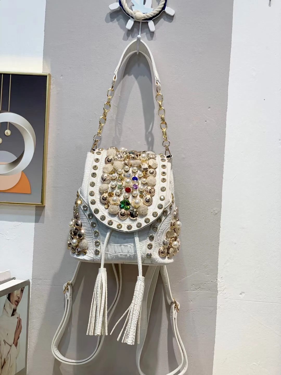 Rhinestone Backpack Female bead diamond bucket shoulder bag casual backpack chain messenger bag 250318
