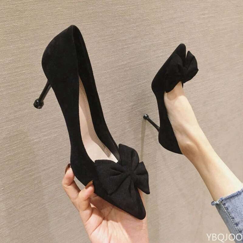 Women's trendy new Shoes Fashion bow tie slim high heels Sexy black Elegant shoes Fairy style comfort ladies pumps atos Mujer