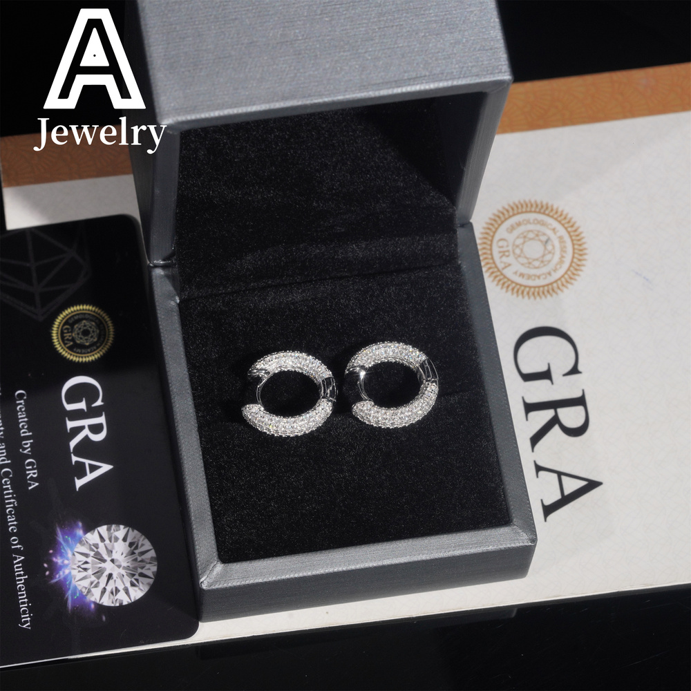 Fine jewelry Moissanite Diamond Earrings 925 Silver Jewelry Trendy Hip Hop Hoop Ear rings 3 Rows Diamonds For Men Women