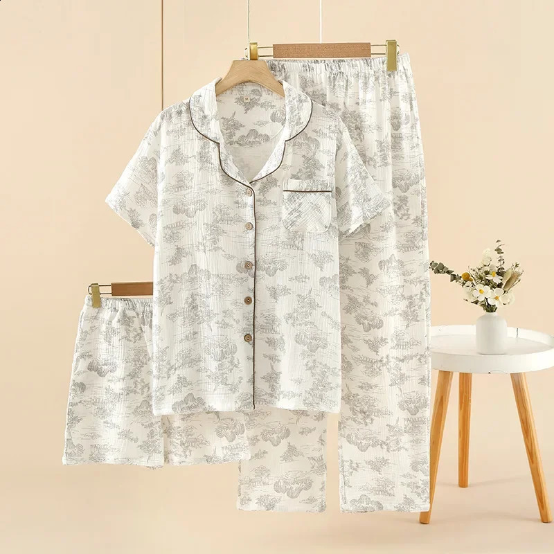 Womens pajamas summer cotton 3-piece set short sleeved topmens styleshorts home clothing thin cotton crepe ink painting set 250321