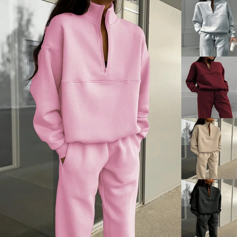 Women Autumn Winter Hoodie Sets Two Piece Sets Solid Pullover Zipper Hoodies And Pant Trousers With Pocket 2 PCS Set Sports Suit 250322