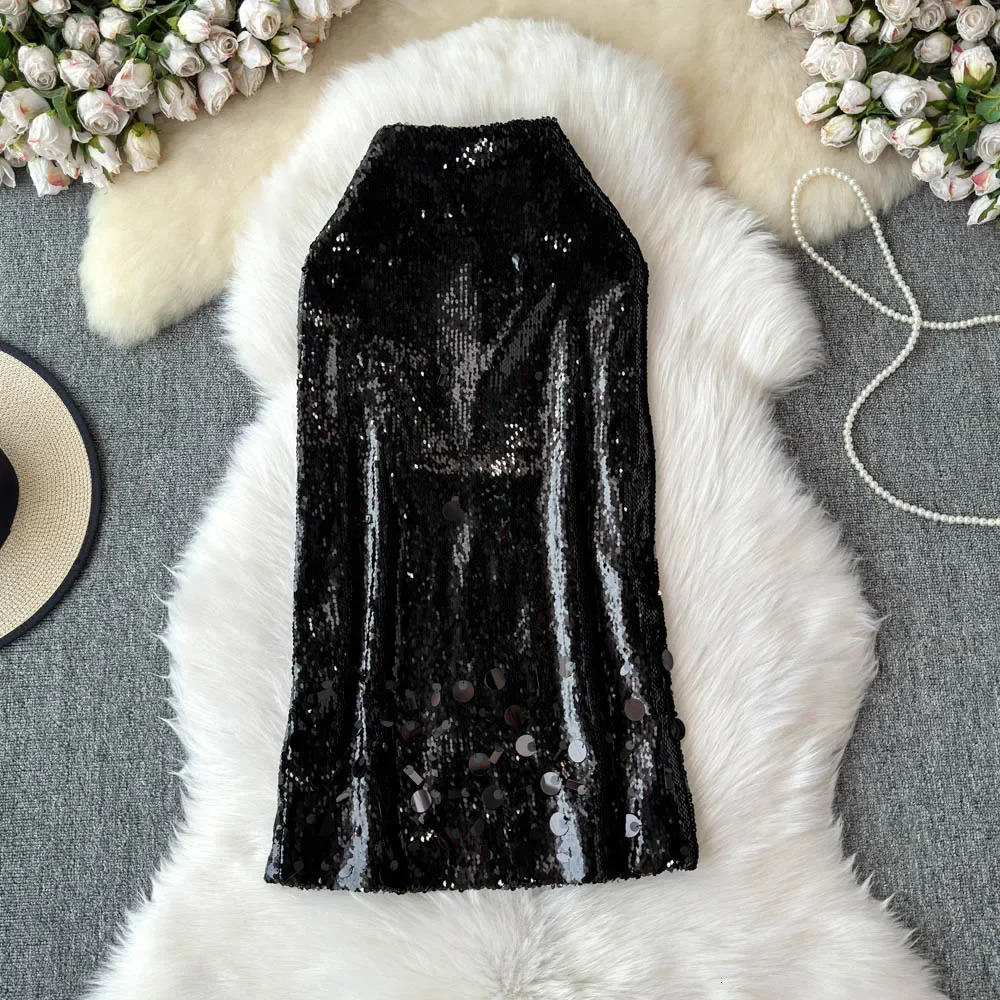 sweet Vintage Glitter Sequins Elegant High Waist Chic Slim Pencil Skirt French Streetwear High Street Autumn Winter Clothing 250322