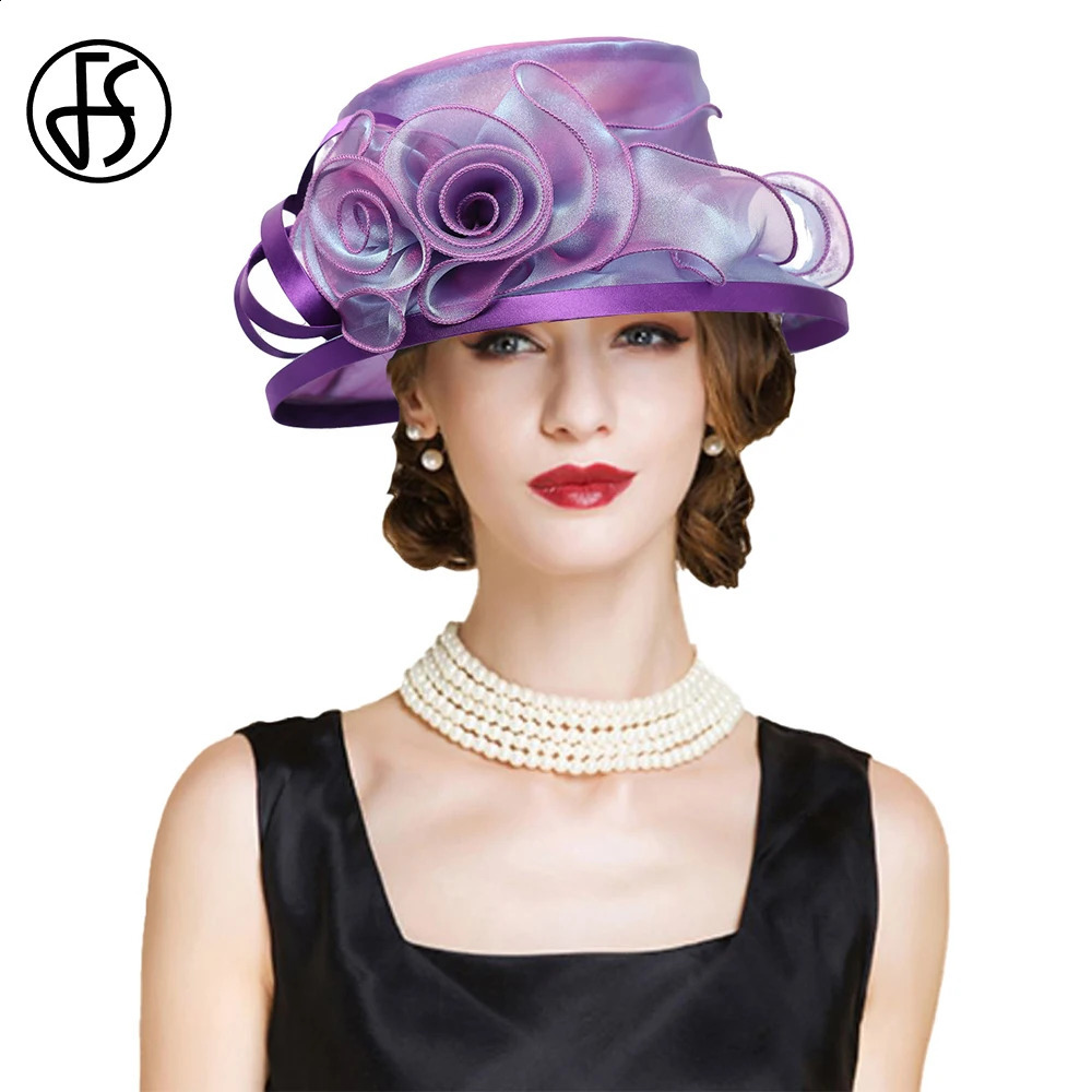 FS Purple Beige Church Hats For Women Elegant Tea Party Derby Hat Summer Flower Fascinators Wedding Cap Chapeau Femme 250324