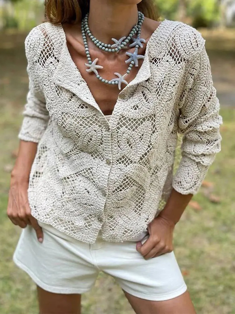 Elegant beige casual hollow shirt womens retro hook floral lace long sleeved button up shirt French top shirt 250318