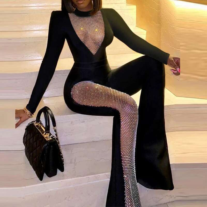 Fashion Print Clothes Sexy One-Pieces Women Jumpsuit Elegant Glitter Hollow Mesh Party Bodysuits Ladies Slim Flare Pants Rompers