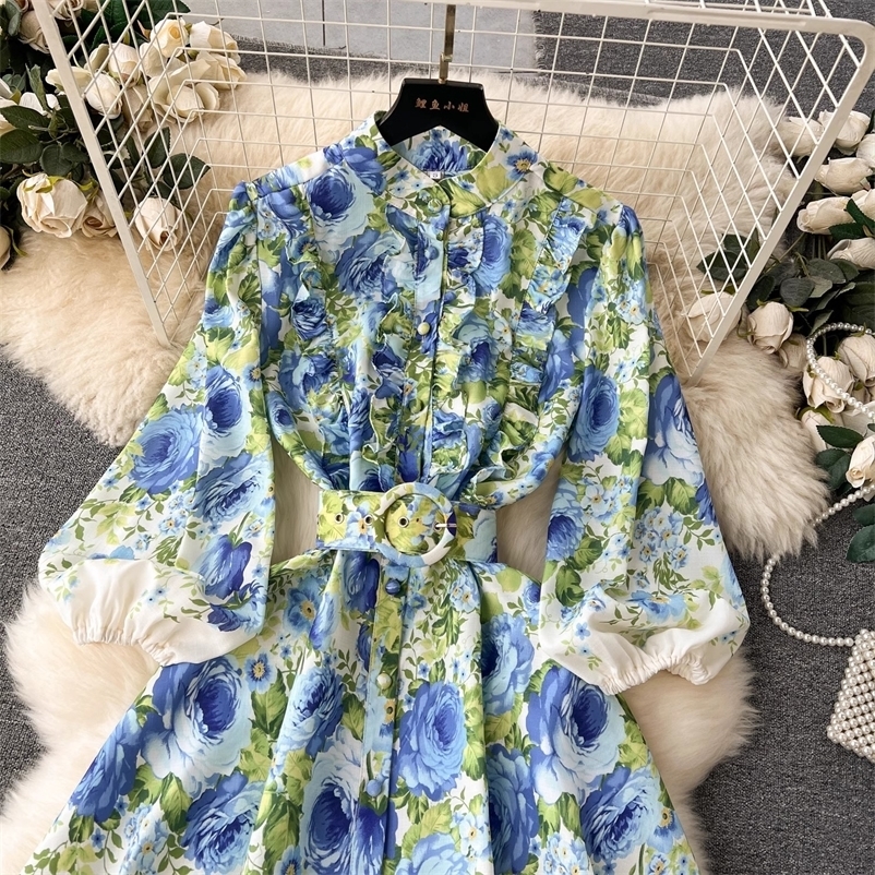 Summer Holiday Linen Dress Clothing Stand Ruffles Long Lantern Sleeve Flower Print Single Breasted Belt Mini Vestidos 250322