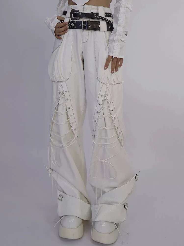 Women's White Y2k Japanese Haruku High Waist Streetwear Aesthetic 2000S Loose Wide Leg Retro Pants Jeans Emo Clothing