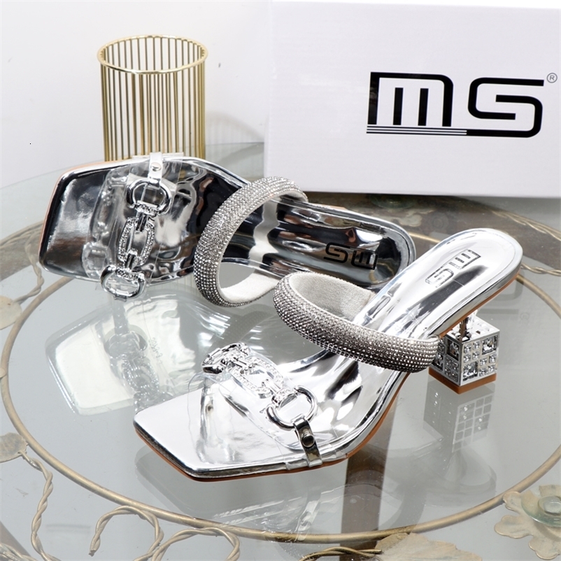 Womens slippers summer fashion Transparent belt metal decoration box shaped square Alien heel high heels wearing sandals 250322