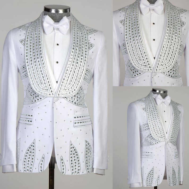 Luxury Wedding Tuxedos Crystal Beaded Men Suit Shawl Lapel 1 Piece Set Jacket Party Formal Groom Business Blazers Customized