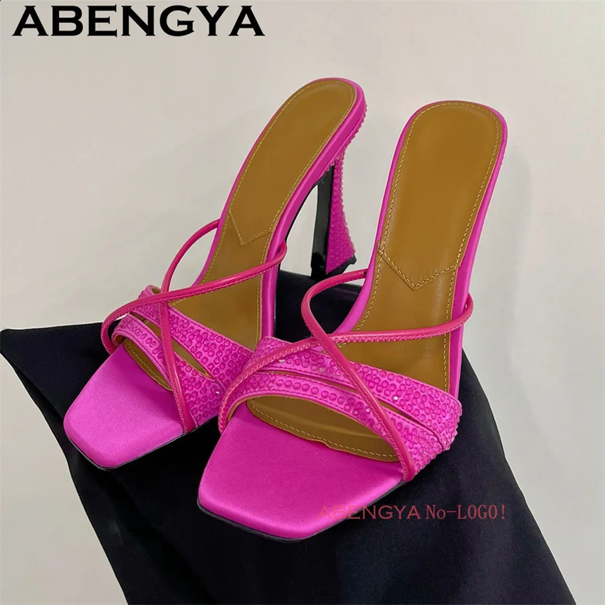 ABENGYA 2025 Thin High Heels Mules Slippers Women Square Open Toe Satin Rhinestone Sandals Summer Sexy Dress Shoes Woman 250322