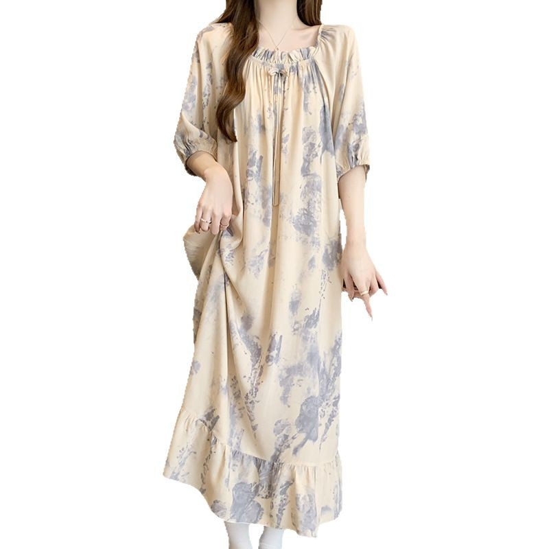 K195 Spring and summer thin short-sleeved long skirt air-conditioning clothing long skirt loose large size dress