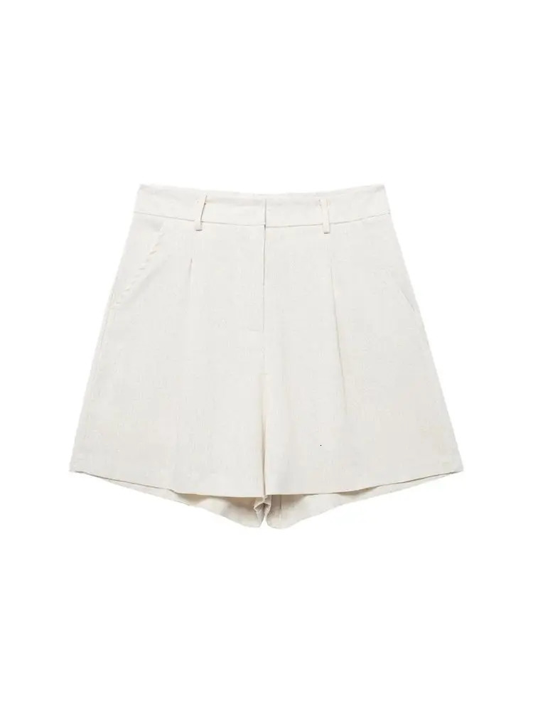 TRZA Womens Front Button Linen Waist and High Bermuda Shorts Two Piece Set Fashionable 250322