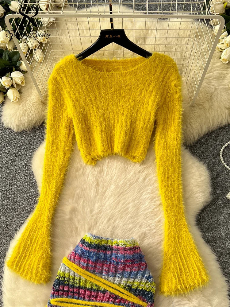 SINGREENY Winter Warm Knitted Two Piece Set O-neck Short TopHigh Waist Lace Upper Tight Clothes Slimming Womens Set 250322