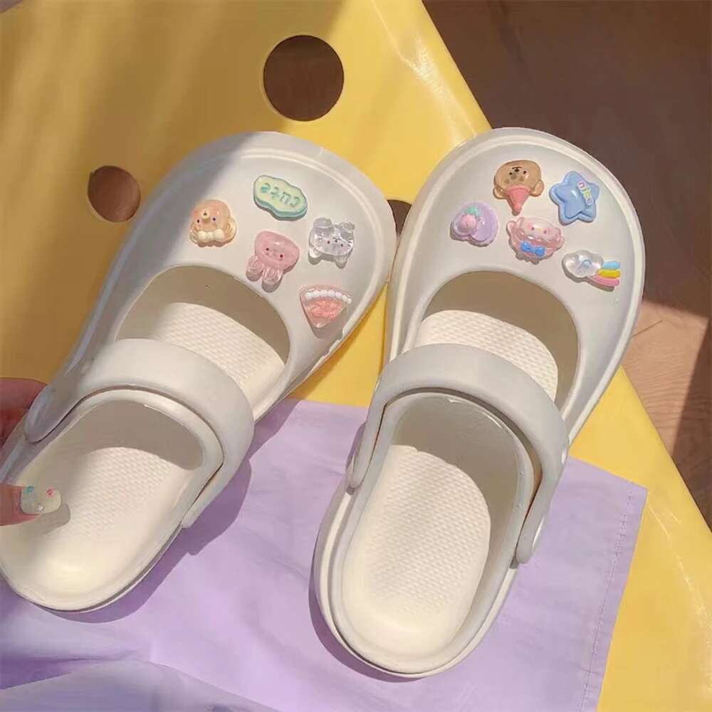 Summer New EVA Thick Mary Jane Perforated Shoes Women Wearing Elevated Soft Sole DIY Solid Color Two Wear Home Slippers