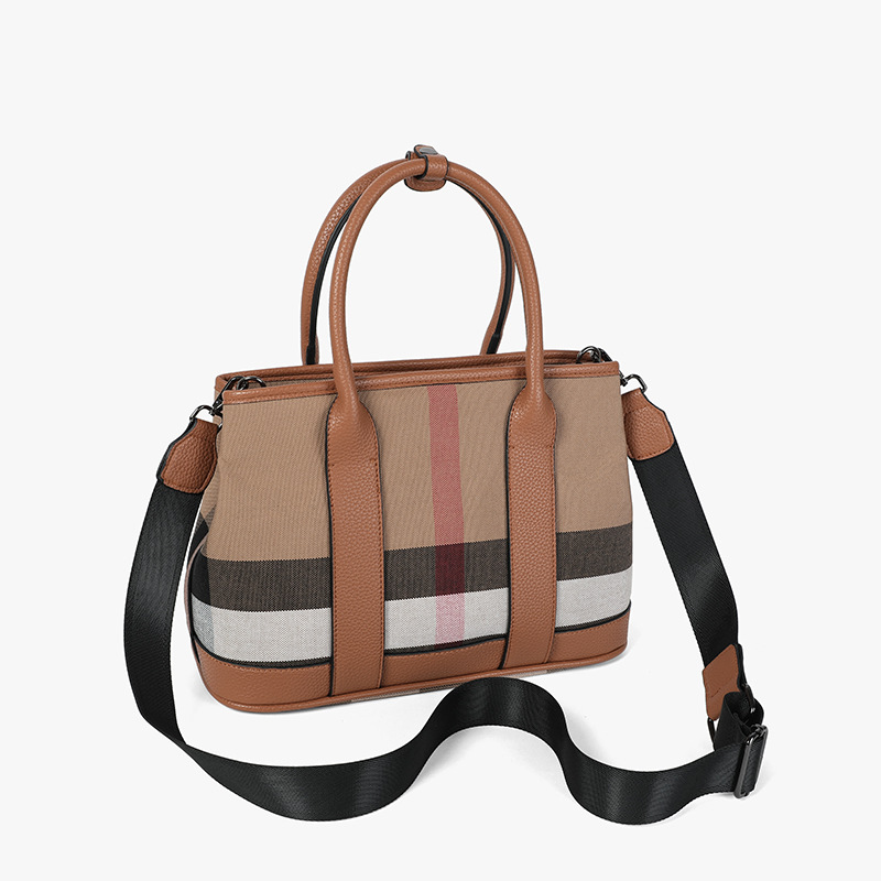 tote bag 2025 Retro canvas plaid bag for women Litchi grain handbag Large capacity. Versatile commuter bag Shoulder and crossbody bag