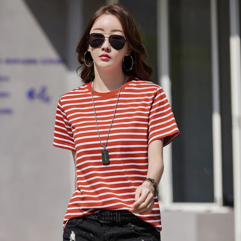 Wxw0212 striped Tshirt womens short sleeved cotton Oneck office ultrathin Korean style summer 2023 250324