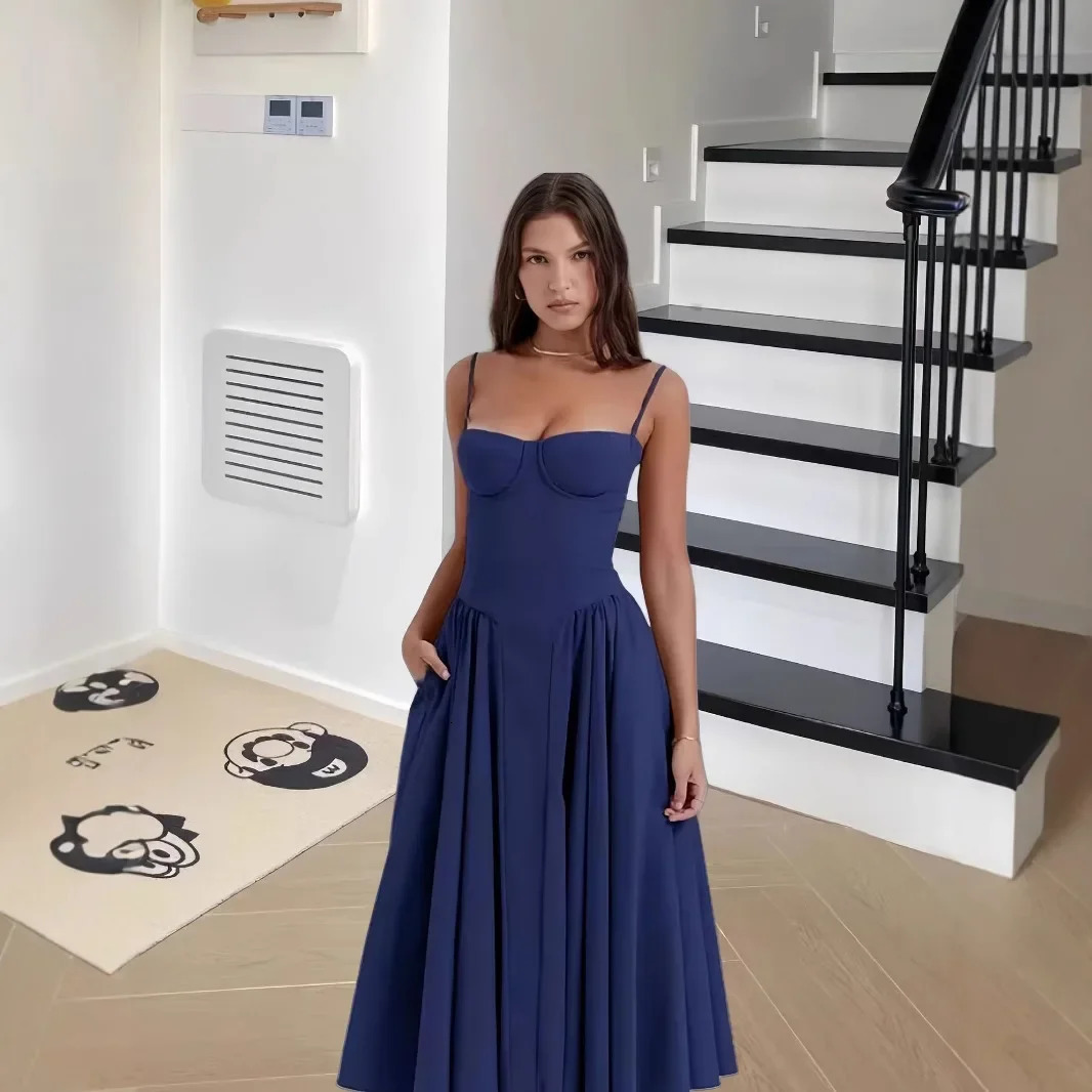 Elegant solid color strapless Midi dress for women summer and autumn style waist bag pocket knit retro long 250324