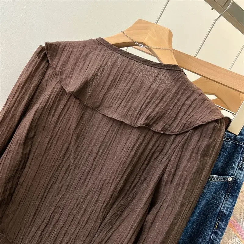 Womens shirts Chemise womens shirts pleated Flared shirts Blusas Femininas elegant tops vintage spring shirts thin jackets 250322
