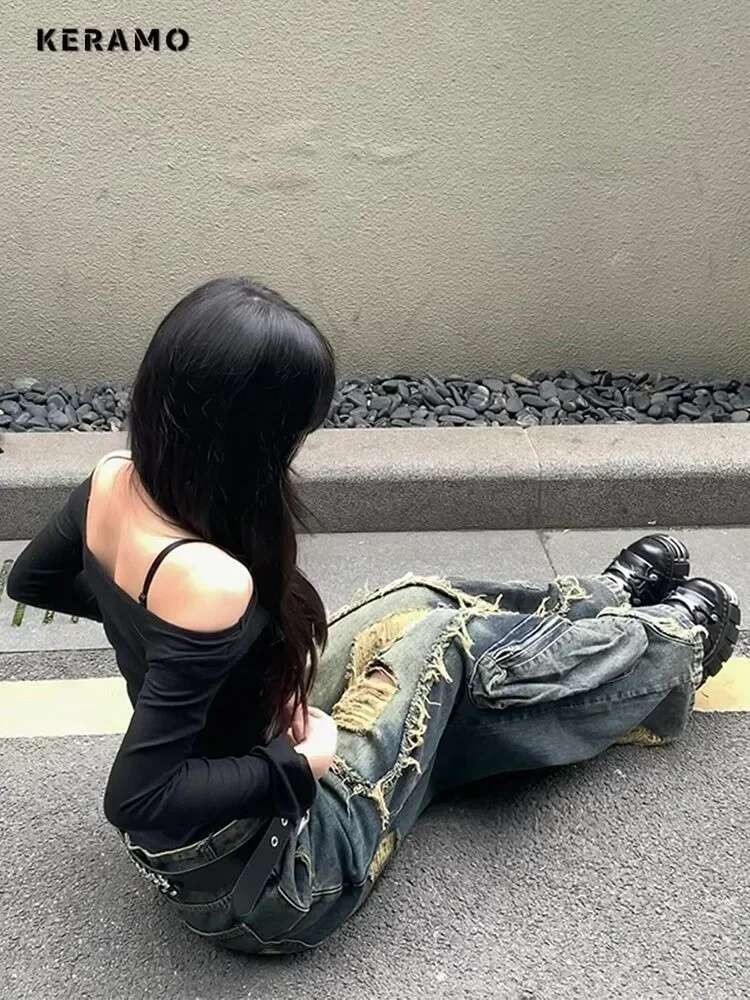 2024 Winter Punk Sexy Vintage Ripped Haruku Loose Jeans Y2k Hollow Out Trashy Pants Women's Baggytassels Denim Trouser
