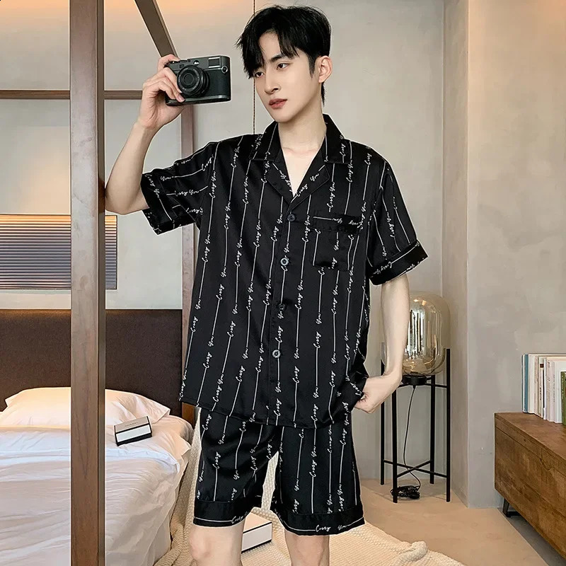 High Quality Mens Pajamas Suit Summer Short Sleeve Ice Silk Sleepwear Set Day Shorts Thin Youth Home Clothes Plus Size Male 250321