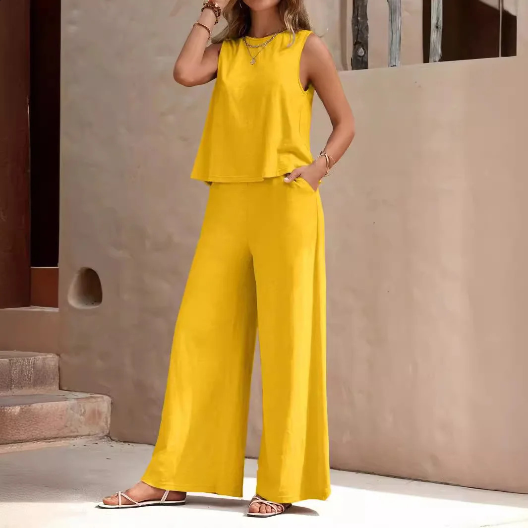 Elegant Womens Summer Yellow Round Neck Sleeveless Fashion Top Womens Casual High Waist Pocket Wide Leg Pants 2-piece Set XXL 250324