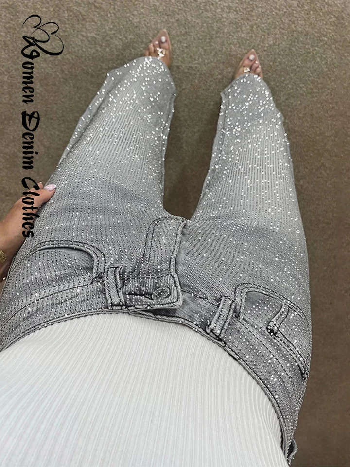 Fashion rhinestone denim pants for women solid high waisted zipper button loose jeans street straight Trousers 250324