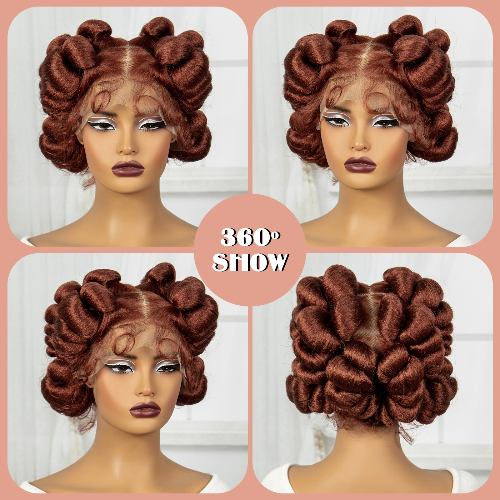 350# Reddish Brown Color 6inch Transparent Full Lace Braided Wigs Short Cute Handmade Bantu Synthetic Braided Lace Wigs Knotless Braids Wig