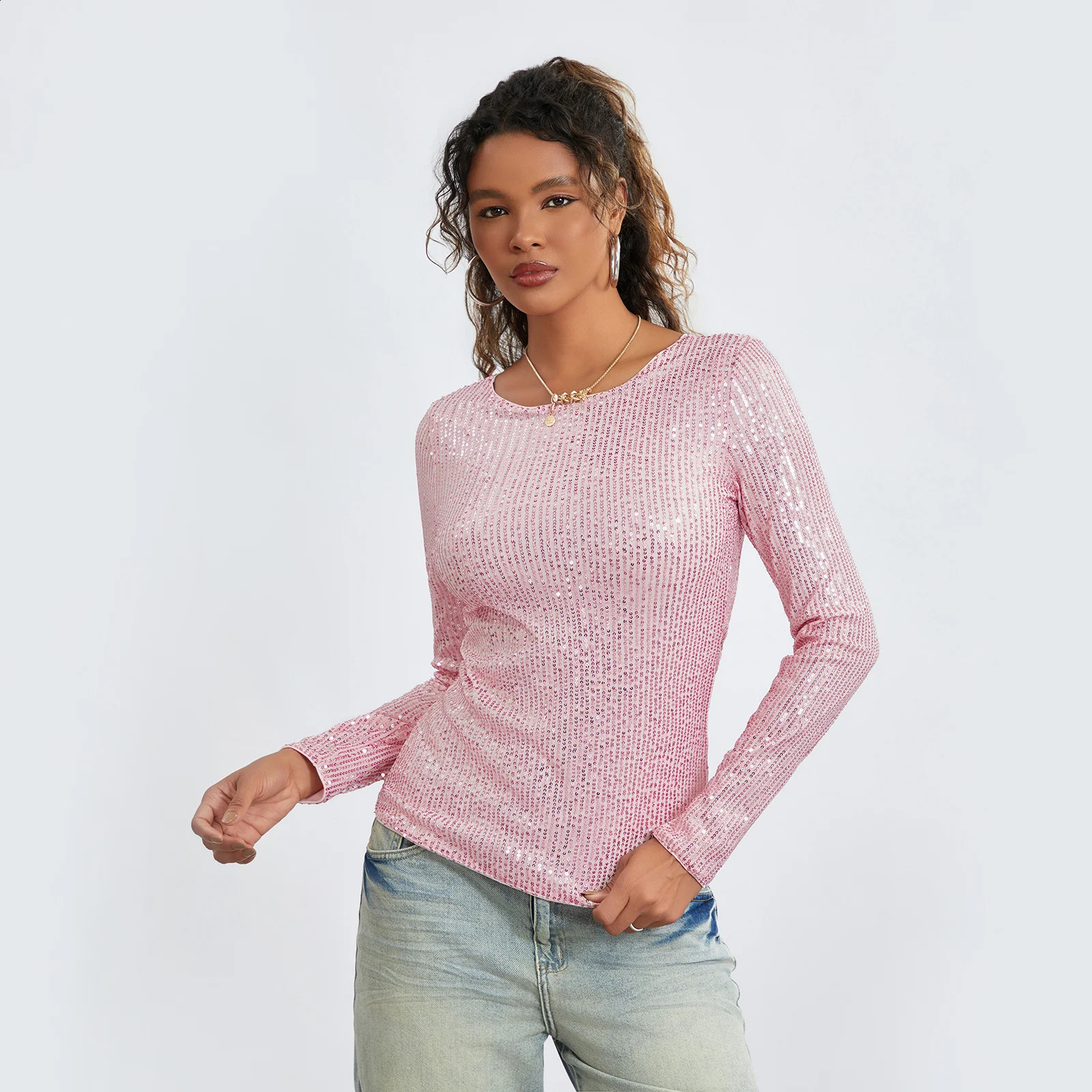 Women Spring Fall Long Sleeve Cropped Tops Sequins Basic T-shirt Casual Pullover for Club Streetwear Aesthetic Clothes 250324