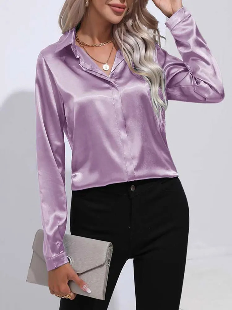 Spring Summer Satin Shirt Women V Neck Long Sleeve Office Shirt Blouses Ladies Black White Silk Loose Shirts For Women 250322