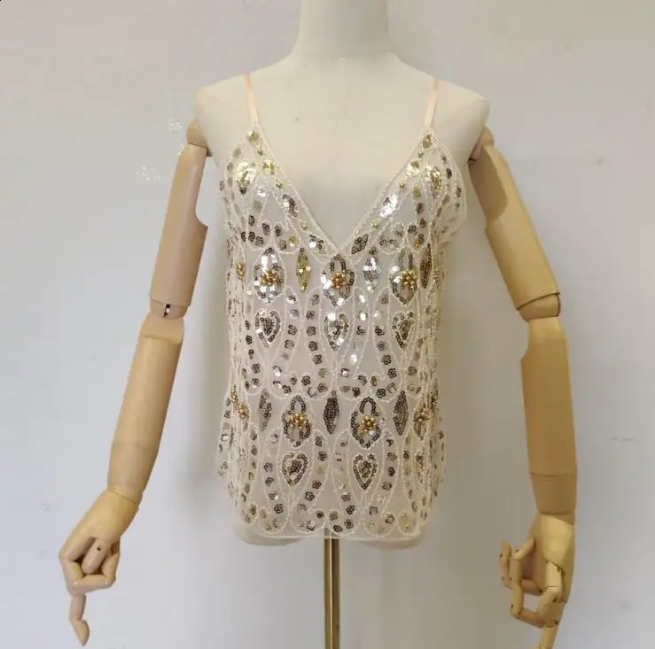 Bling Sequined Tanks Tops Women Sexy Bead Work Mesh Tops Women Pink Sequined Tanks Femme Gold Tops 250324