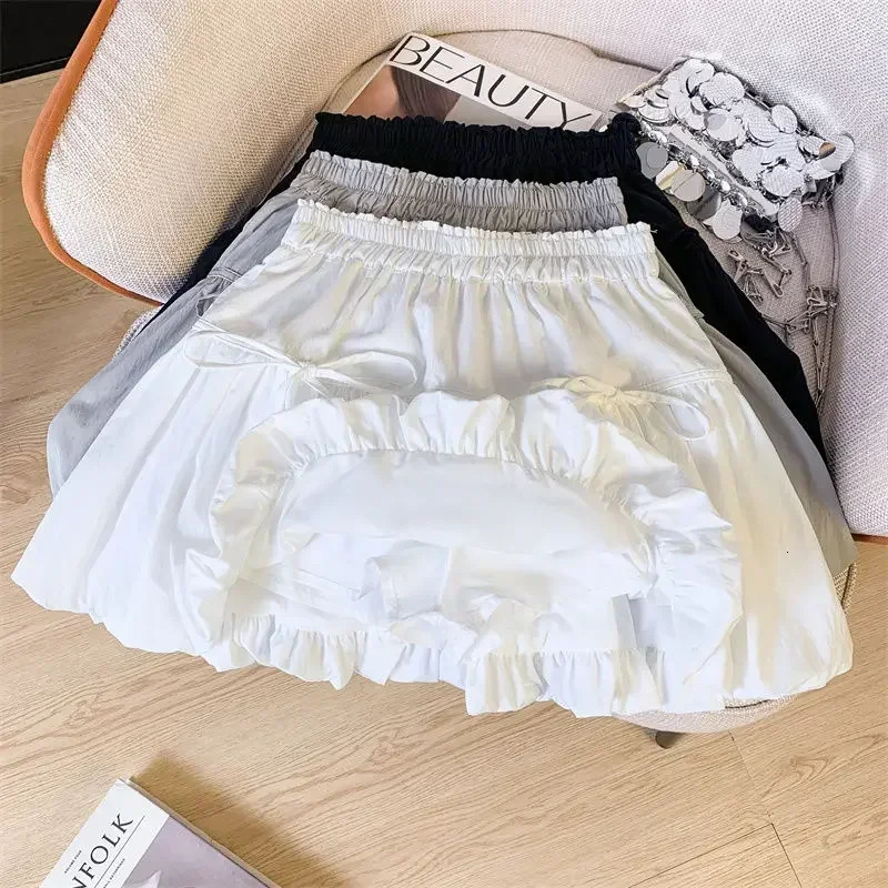Y2K Bow White Mini Skirt for Women Cute Kawaii Pleated Fluffy Skirts Woman 2025 Summer Sweet High Wasit A-Line Streetwear Skirt 250322