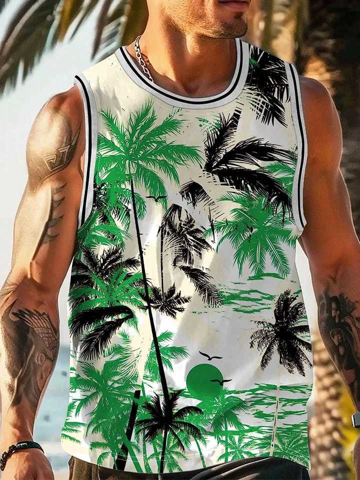 Summer Daily Casual Mens Tank Top Hawaiian Style Fish Print Mens Tank Top Seaside Party Mens Fashion Sleeveless T-shirt X250324