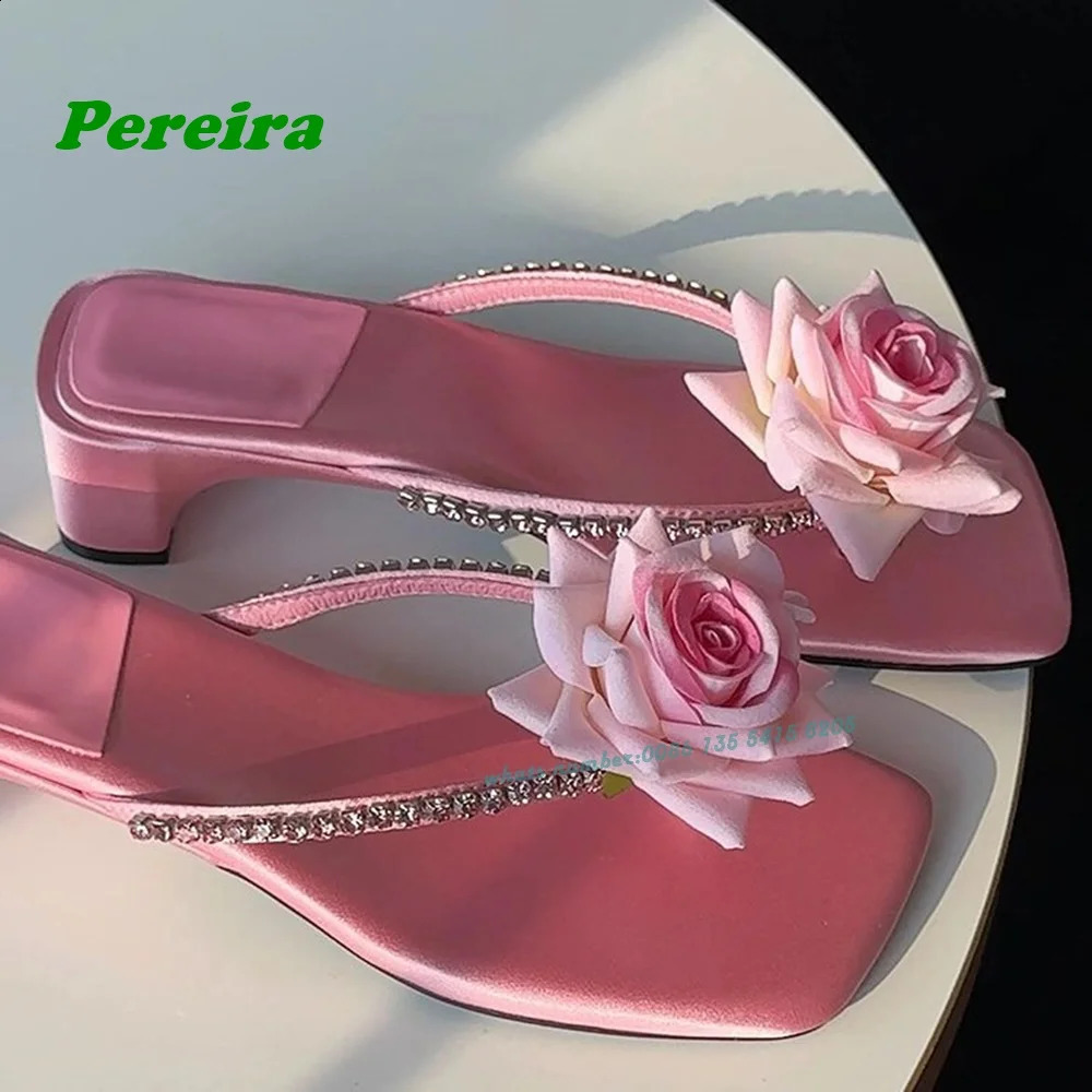 Flower Pink Satin Slippers Square Toe Crystal Chunky Heels Womens Slippers Summer est Flip Flops Cute Shoes 250322