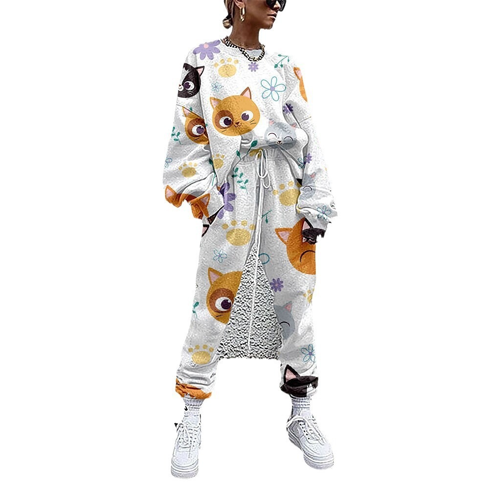 2023 Autumn New Women's 3D Printed Cat Long Sleeve Round Neck Loose Casual Set for Women