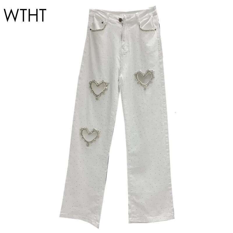 WTHT Fashion New Women's Dias Heart Hollow Out Straight Jeans 2024 Winter High Waist Solid Color Denim Pants Female 1Ls610
