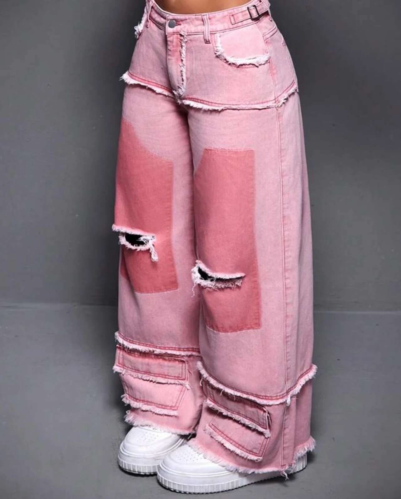 Pink Haruku Ripped Baggy Y2k With Wide Legs High Waist Mopping The Or Cargo Pants Fashion Slouche Women Jeans