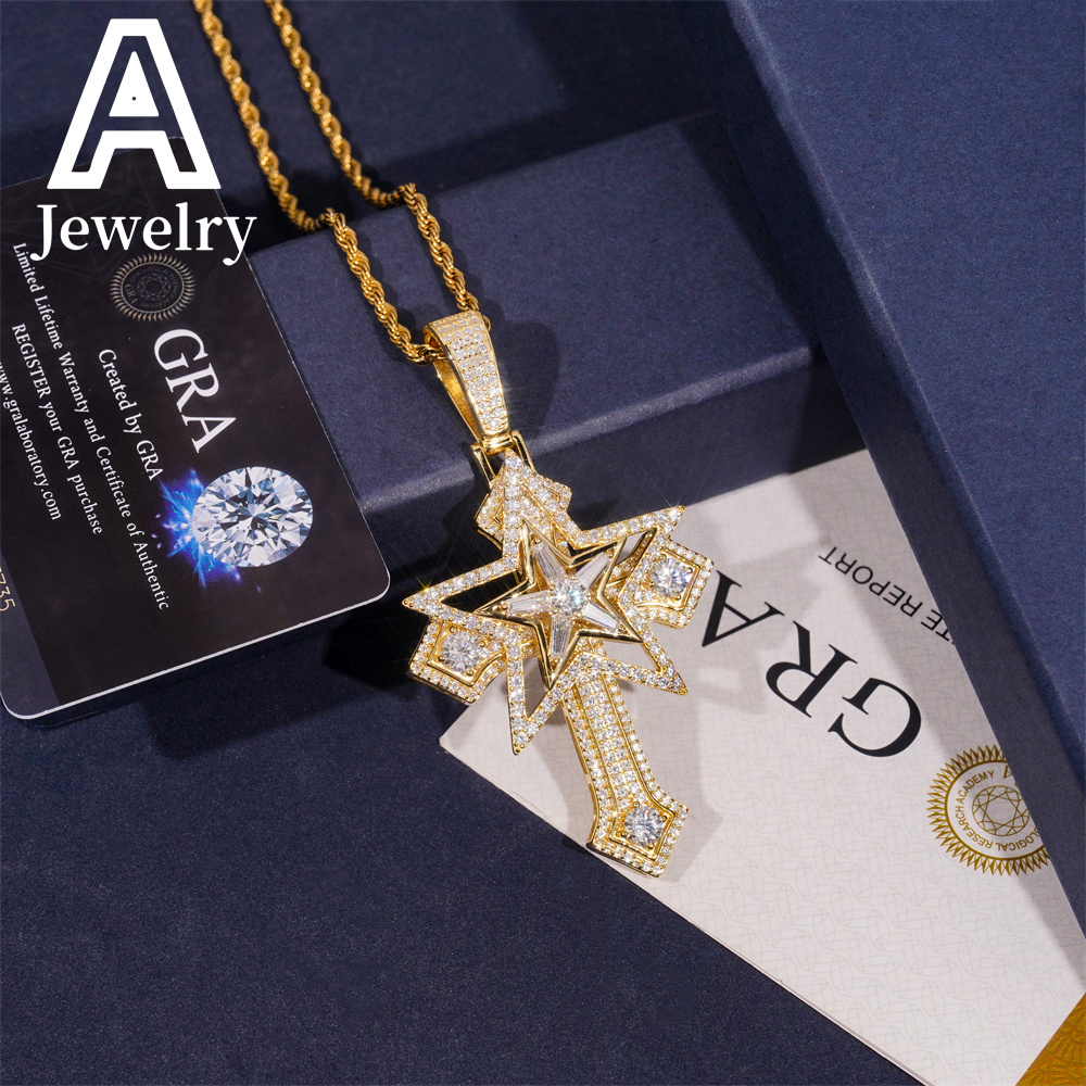 New Arrivals 925 Silver Hip hop jewelry moissanite diamond cross pendant 5 Pointed Star charm iced out cross pendant