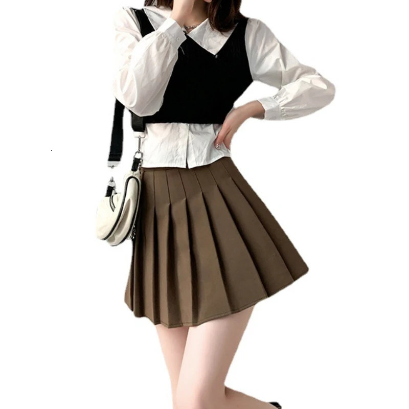 Summer high waisted pleated leather womens Saias retro sexy mini Faldas Harajuku casual Jupe streetwear clothes 250324