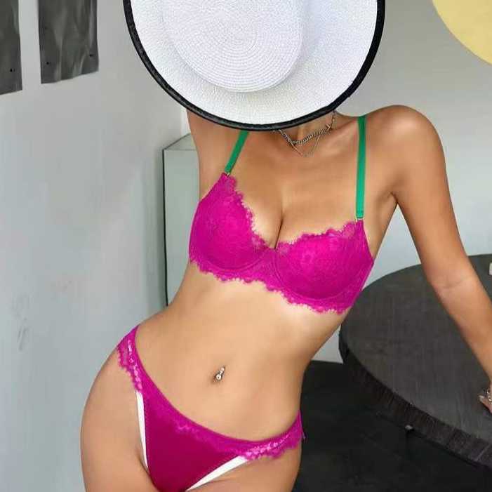 thin cup gathered bra set, sexy lace, big chest, small bra, contrasting shoulder straps, thong underwear 250315