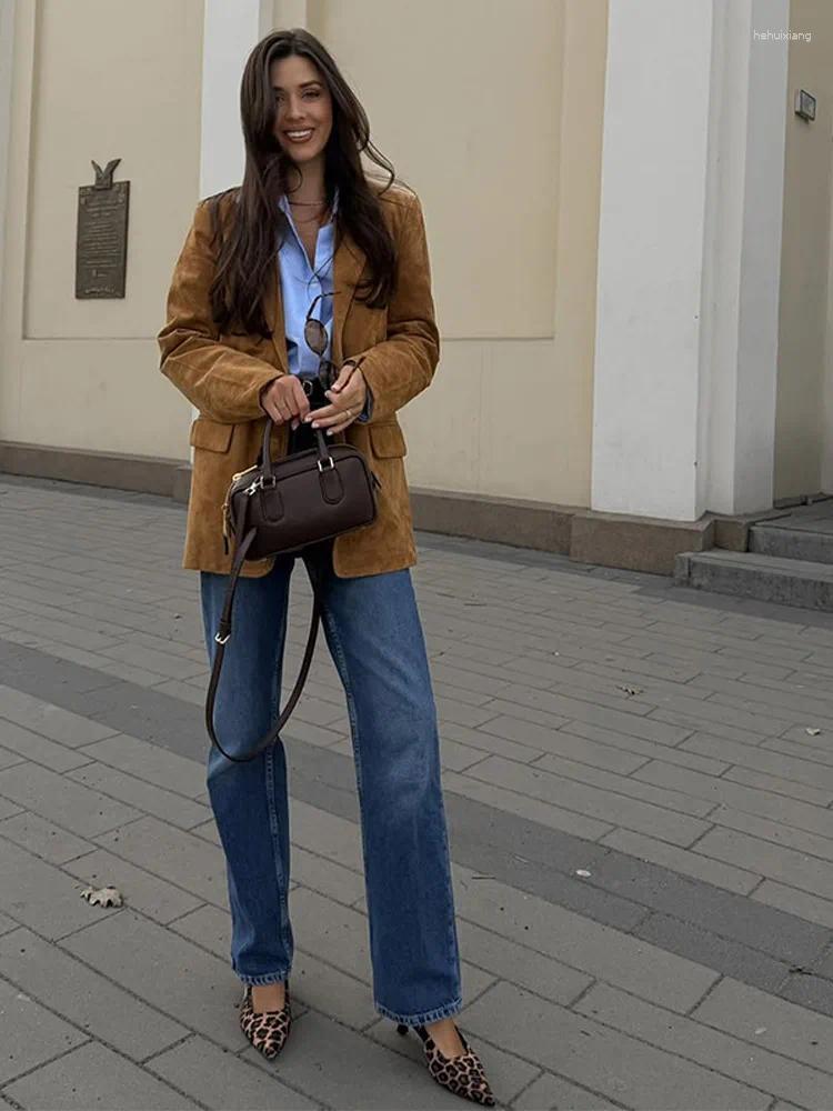 Women's Jackets Vintage Suede Leather Jacket Brown Blazer Women Spring Fashion Single Breasted Lapel Loose Coats Office Lady Outerwears