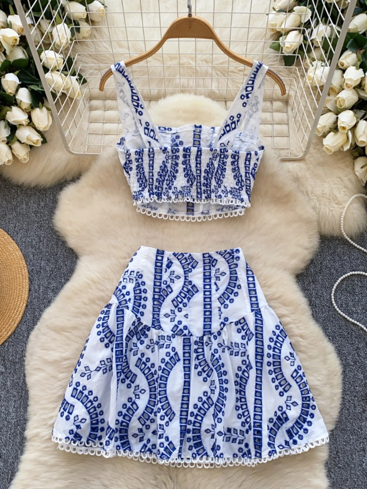 Holliday Midi Dress White Two Piece Sets Women Summer Crop Tops Short Skirts Suits Embroidery Hollow Out Beach Cotton Vestidos 250324