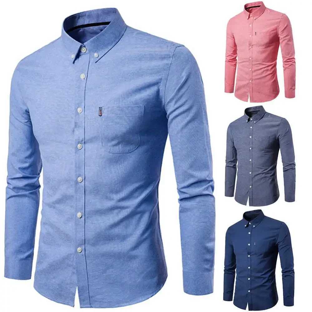 2024 Oxford Quick Dry Ironless Shirt Mens Solid Casual Slim Fit Collar T-shirt Long Sleeve Formal Business Shirt Mens Top X250324