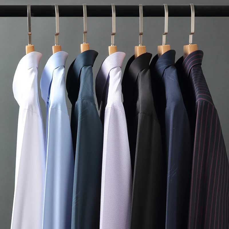 High quality stretch wrinkle resistant mens shirt long sleeved dress mens slim fit social business shirt striped shirt S-5XL X250324