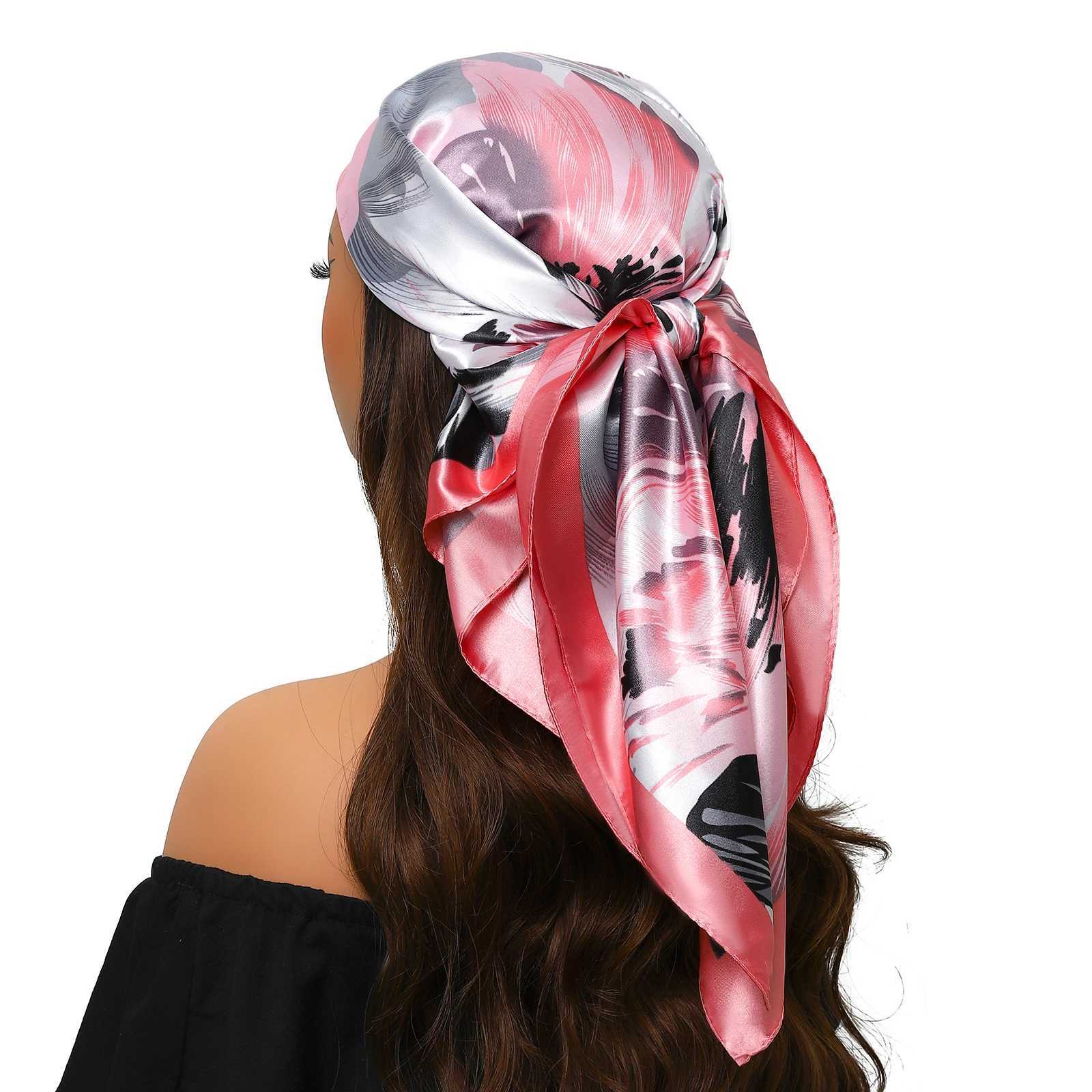 90 * 90cm Square Silk Scarf Wenxiao Printed Satin Headscarf Fem Luxury Brand Square Womens Muffler Cover with Pareo Girl X250324